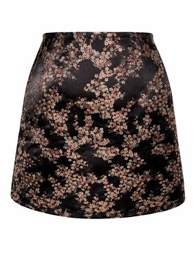 Y2K Express Black Satin Mini Skirt with Oriental Red & Cream Floral Print M